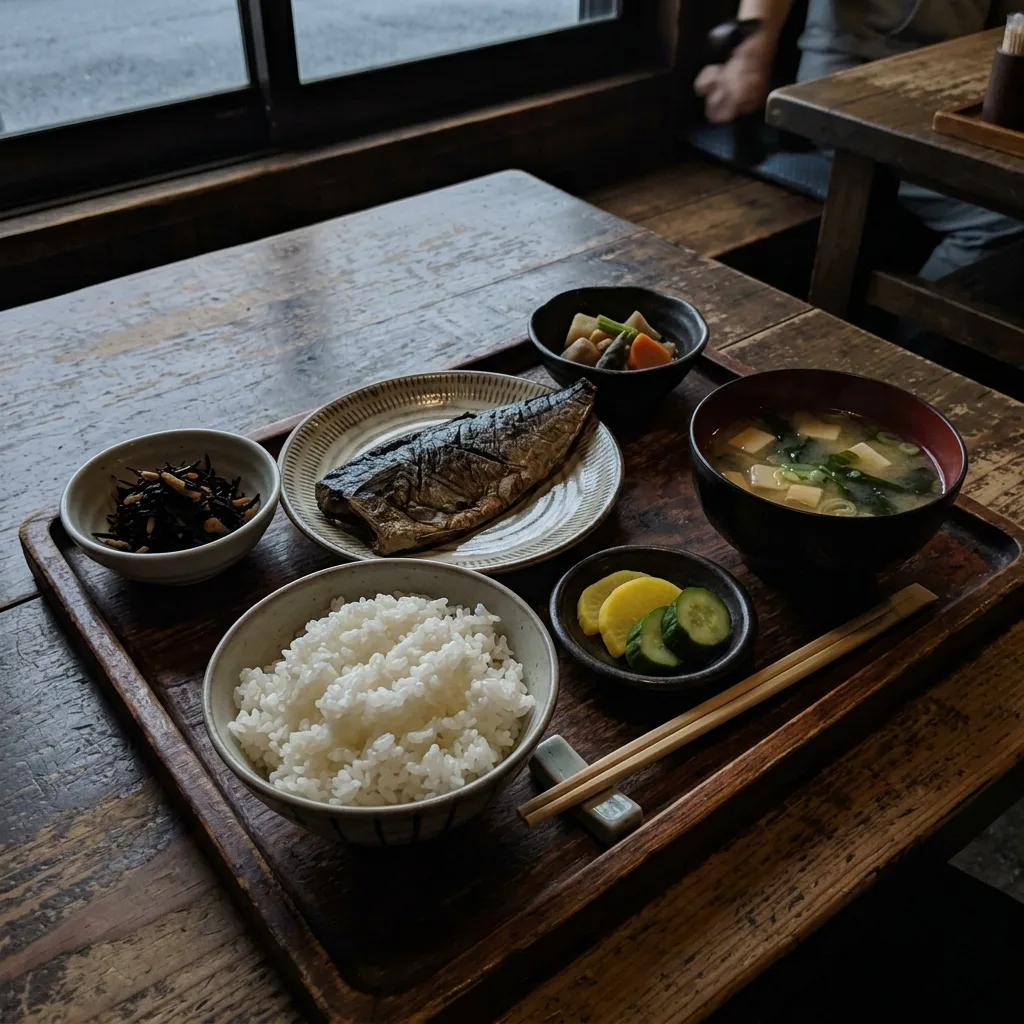 店内で暗く写った加工前の焼き魚定食